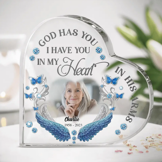 Personalized Memorial Photo Crystal Heart - Memorial Gift Idea for Mother's Day/Father's Day - God Has You In His Arms I Have You In My Heart