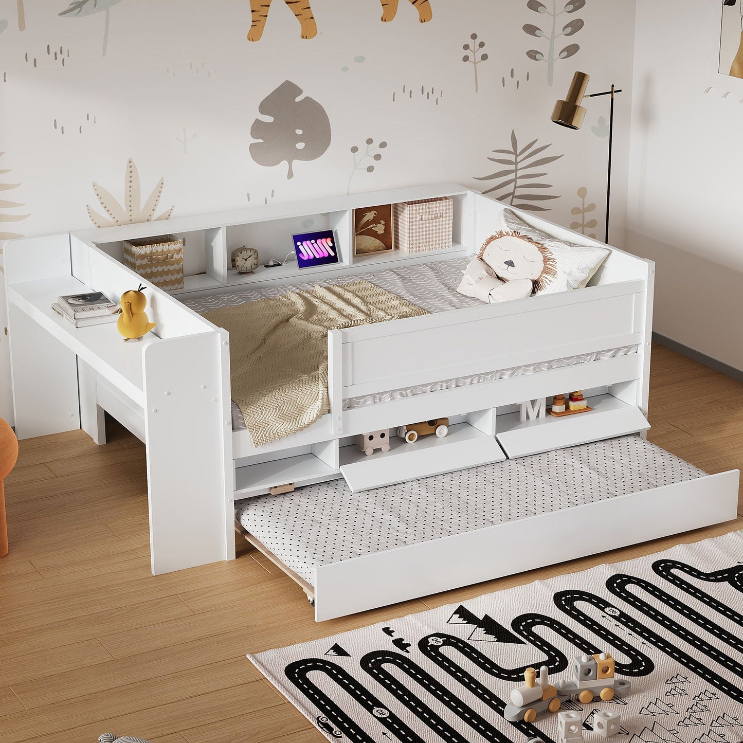Twin Daybed With Drawers, Trundle, Headboard Storage, Study Desk, And USB Charging Station - White