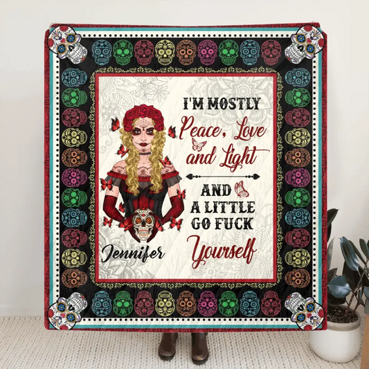 Personalized Sugar Skull Fleece Throw Blanket/Quilt  - Skull Gift For Girl - I'm Mostly Peace, Love And Light
