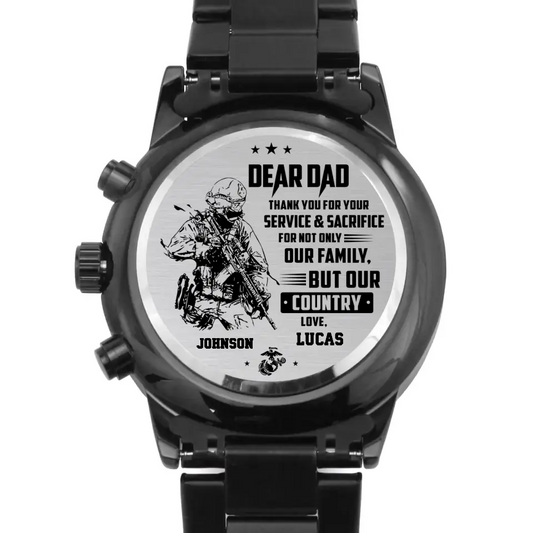 Personalized Veteran Black Chronograph Watch - Father's Day Gift for Veteran - Dear Dad Thank You For Your Service & Sacrifice