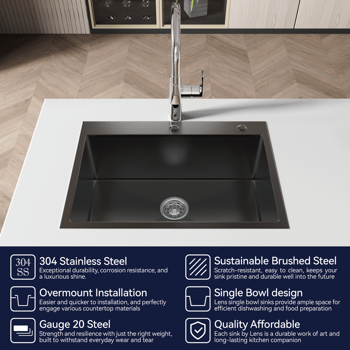 Stainless Steel Kitchen Sink, 27″x19″ Single Bowl, Overmount Handmade Sink
