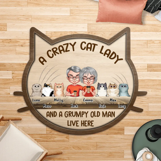 Personalized Crazy Cat Lady Area Rug - Gift For Couple/Cat Lovers with up 6 Cats - A Crazy Cat Lady and A Grumpy Old Man Live Here
