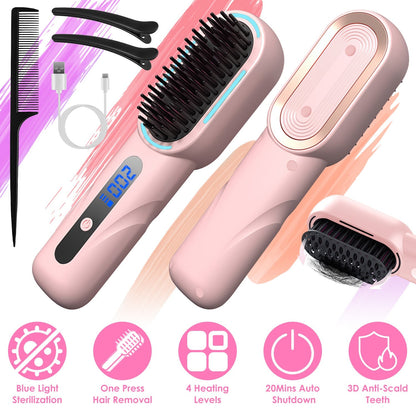 Cordless Hair Straightener Brush Rechargeable Mini Styling Comb with 4 Heating Levels Blue Light Sterilization Single press Stray Hair Removal 20Mins