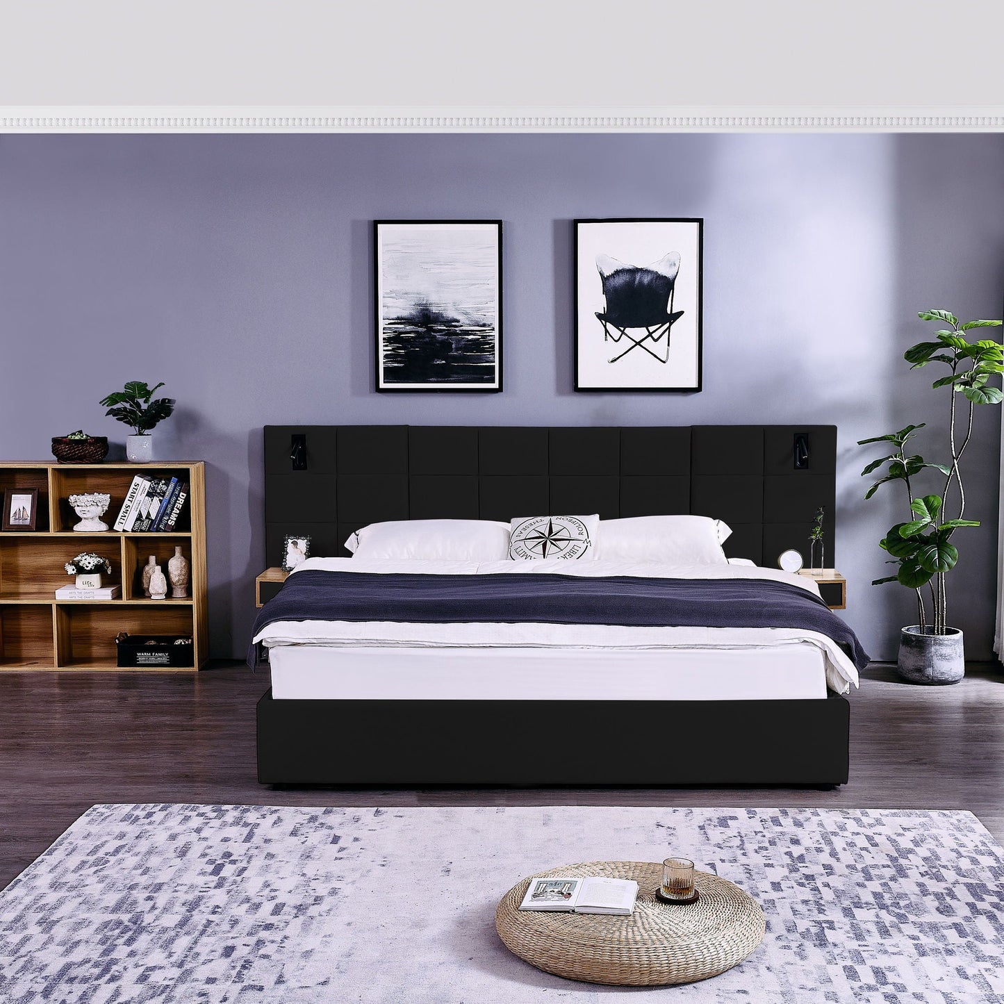 Upholstered Hydraulic Platform Bed With Storage Shelves, Reading Lamps, USB Port