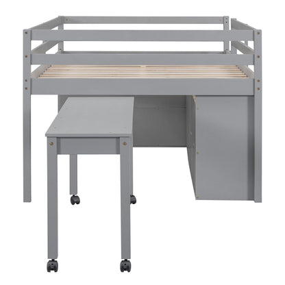 Loft Bed With Retractable Writing Desk And 4 Drawers, With Lateral Portable Desk And Shelves