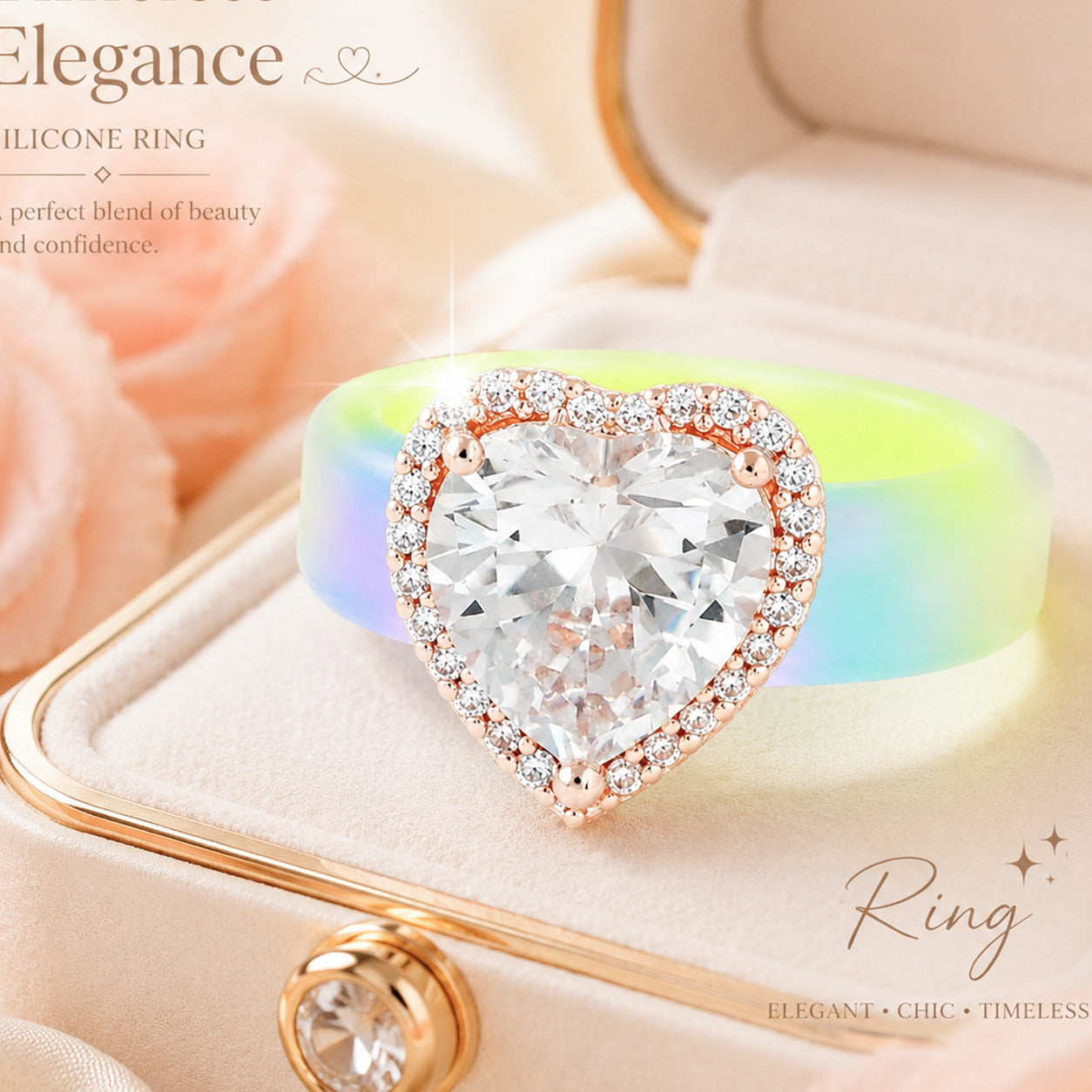 Silicone-inlaid Heart-shaped Zircon Ring
