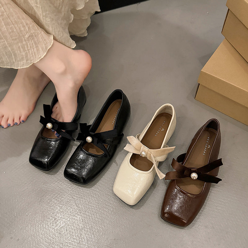 Korean Version Of Pearl Bow Single Shoes Women's Shoes 2026 Spring New Item With Increased Height Ballet Shoes French Mary Jane Shoes