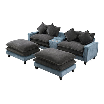 Sectional Sofa With Removable Ottomans, USB Ports, Cup Holders & Storage - Gray / Light Blue