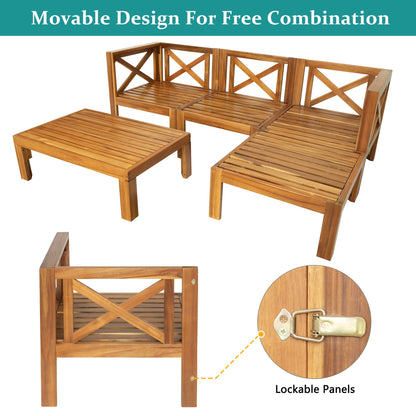 Topmax Outdoor Patio Wood 5-Piece Sectional Sofa Seating Group Set