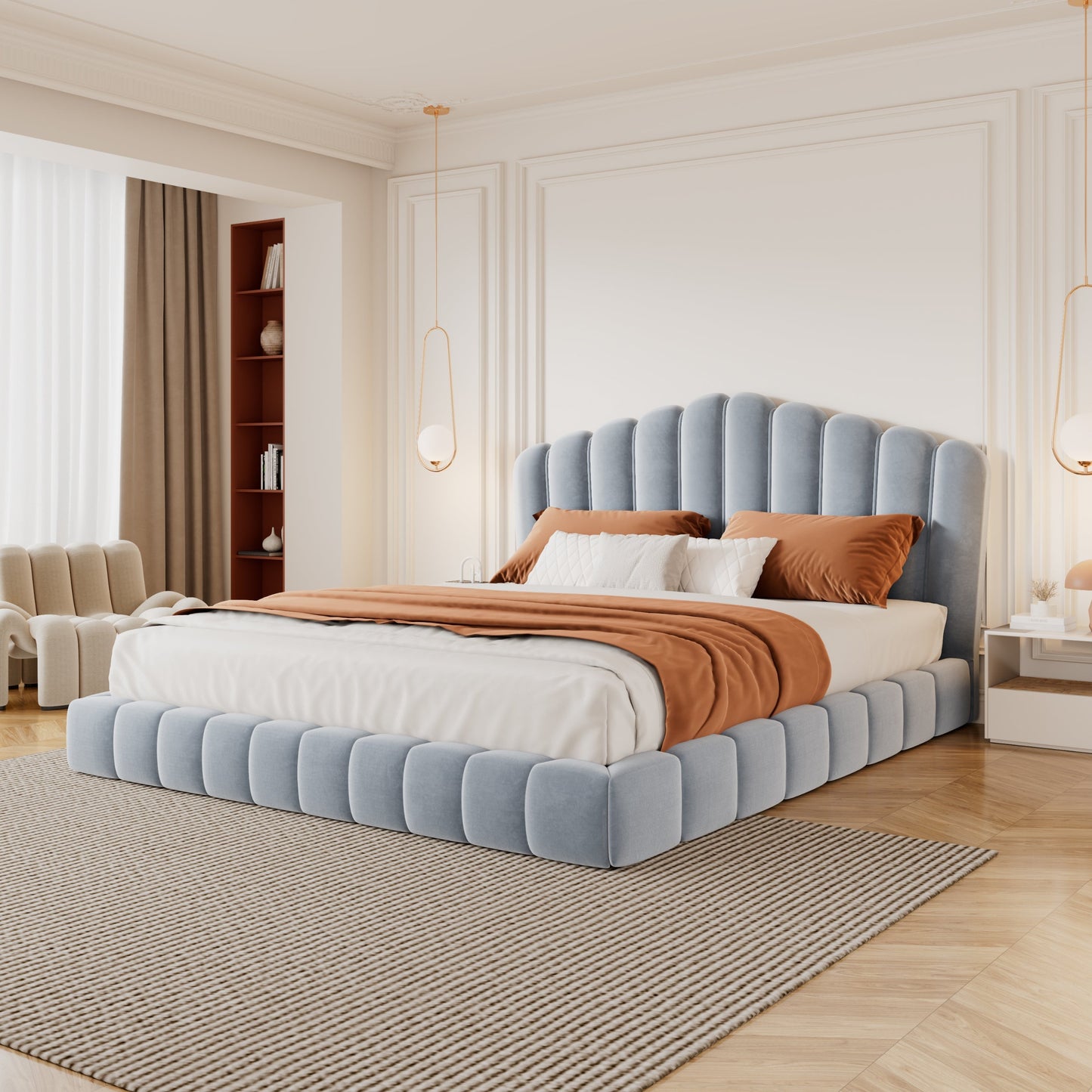 Velvet Upholstered Queen Bed with Shell-Shaped Headboard