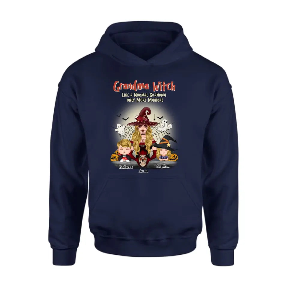 Personalized Grandma Witch Shirt/Hoodie - Gift Idea For Halloween - Up to 2 Kids - Grandma Witch Like A Normal Grandma Only More Magical