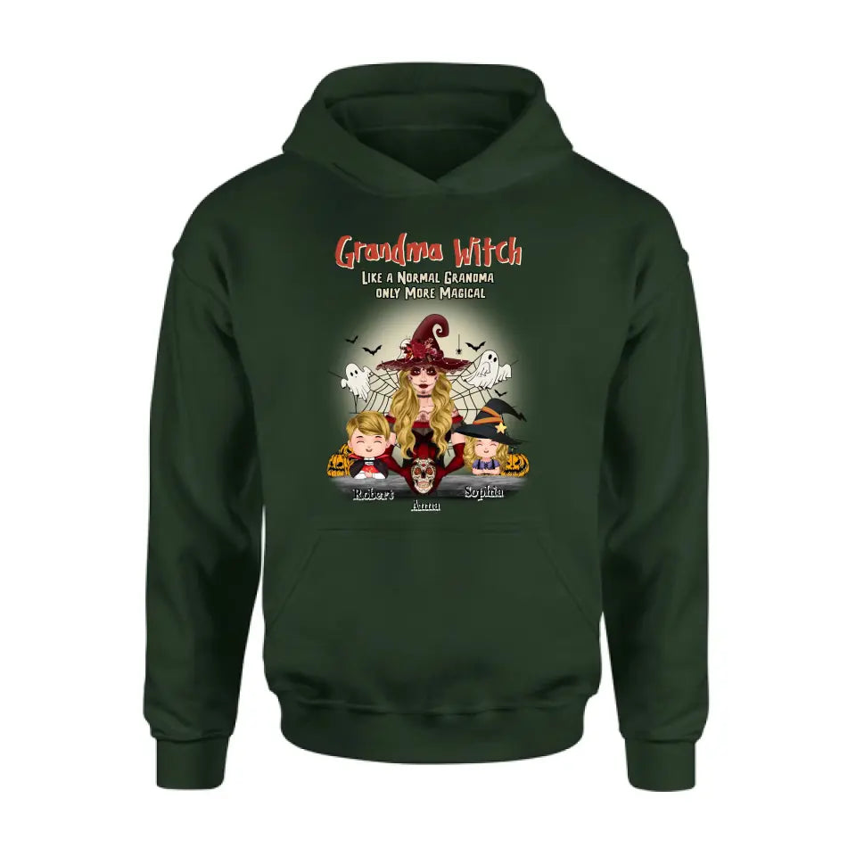 Personalized Grandma Witch Shirt/Hoodie - Gift Idea For Halloween - Up to 2 Kids - Grandma Witch Like A Normal Grandma Only More Magical