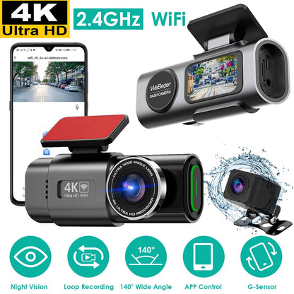 4K/1080P Dual Chanel Car Dash Cam 2.4GHz WiFi Car Camera Mini Driving Recorder with 140¡ Wide Angle APP Control Night Vision G-sensor Loop Recording