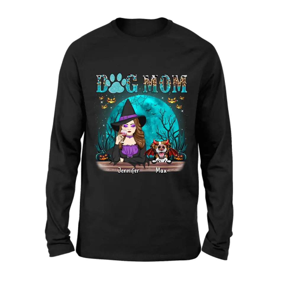 Personalized Witch Dog Mom T-shirt/Sweatshirt/Long Sleeve/Hoodie - Up to 4 Dogs - Halloween Gift For Dog Lover