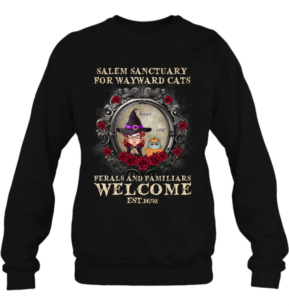 Personalized Halloween Cat Mom Shirt/Hoodie - Up to 4 Cats - Gift Idea For Cat Lovers - Salem Sanctuary for Wayward Cats Ferals and Familiars Welcome