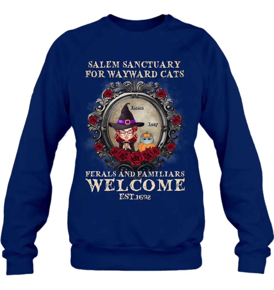 Personalized Halloween Cat Mom Shirt/Hoodie - Up to 4 Cats - Gift Idea For Cat Lovers - Salem Sanctuary for Wayward Cats Ferals and Familiars Welcome