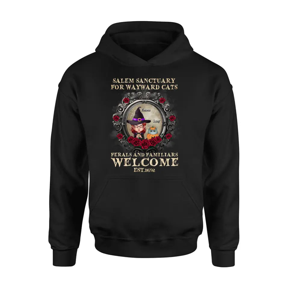 Personalized Halloween Cat Mom Shirt/Hoodie - Up to 4 Cats - Gift Idea For Cat Lovers - Salem Sanctuary for Wayward Cats Ferals and Familiars Welcome
