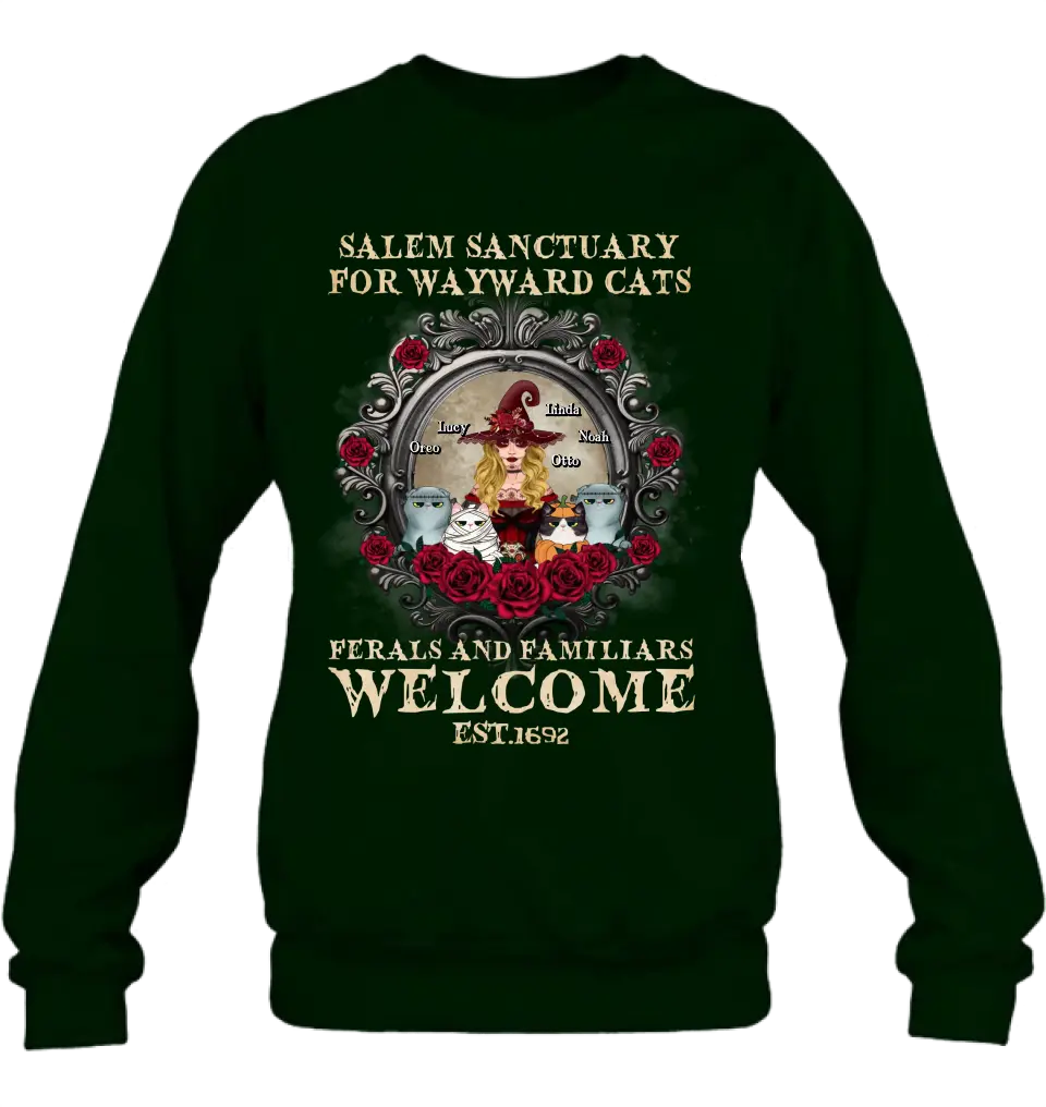 Personalized Halloween Cat Witch Shirt/Hoodie - Up to 4 Cats - Gift Idea For Cat Lovers - Salem Sanctuary for Wayward Cats Ferals and Familiars Welcome