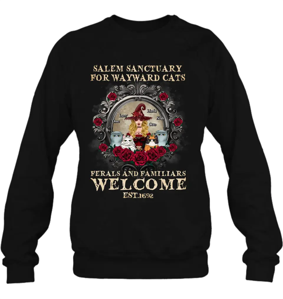 Personalized Halloween Cat Witch Shirt/Hoodie - Up to 4 Cats - Gift Idea For Cat Lovers - Salem Sanctuary for Wayward Cats Ferals and Familiars Welcome