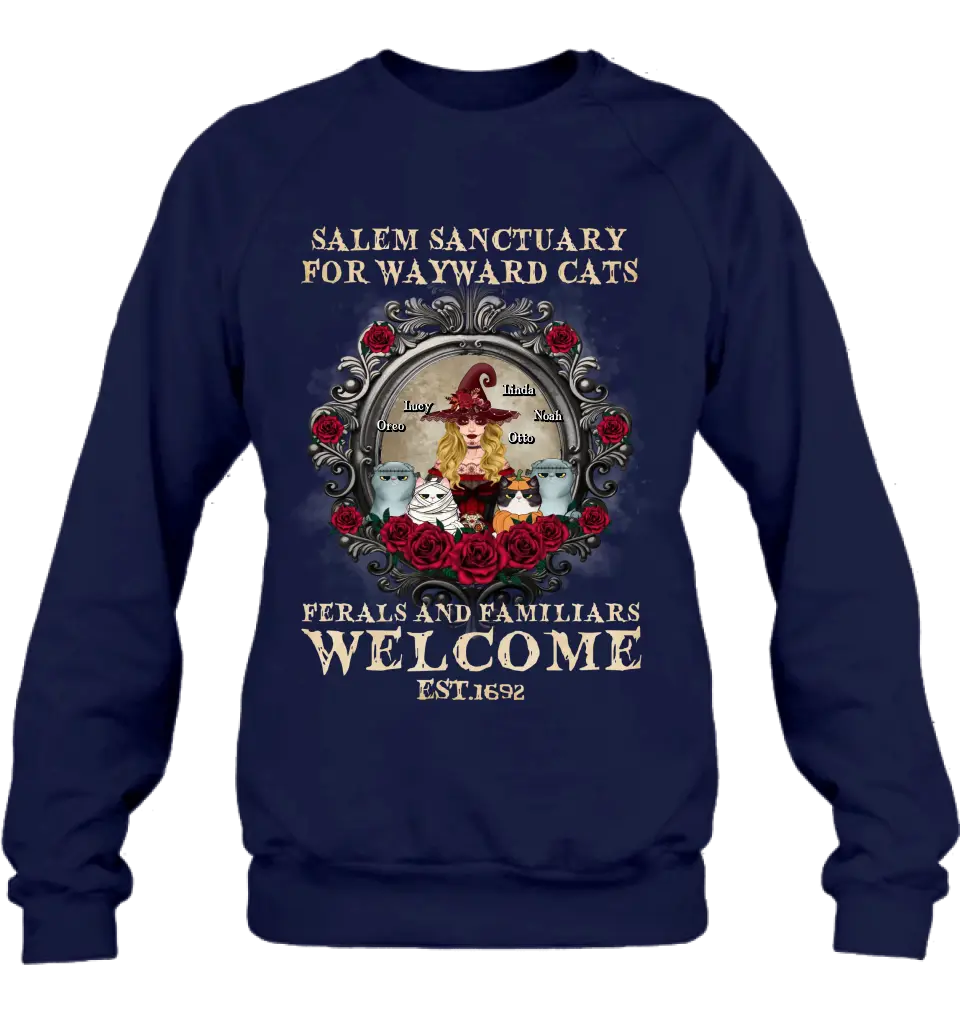 Personalized Halloween Cat Witch Shirt/Hoodie - Up to 4 Cats - Gift Idea For Cat Lovers - Salem Sanctuary for Wayward Cats Ferals and Familiars Welcome