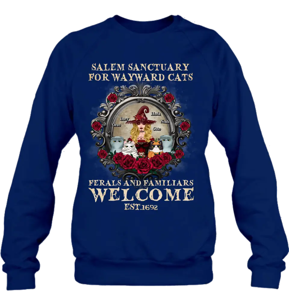 Personalized Halloween Cat Witch Shirt/Hoodie - Up to 4 Cats - Gift Idea For Cat Lovers - Salem Sanctuary for Wayward Cats Ferals and Familiars Welcome