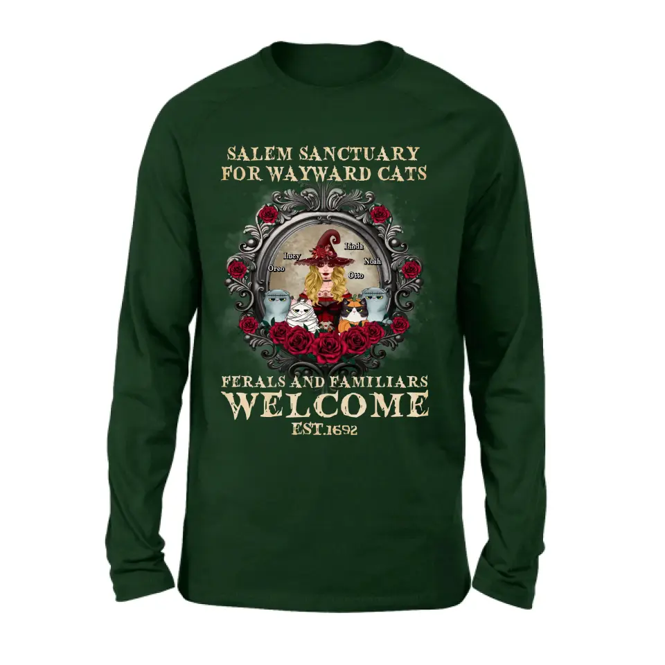 Personalized Halloween Cat Witch Shirt/Hoodie - Up to 4 Cats - Gift Idea For Cat Lovers - Salem Sanctuary for Wayward Cats Ferals and Familiars Welcome