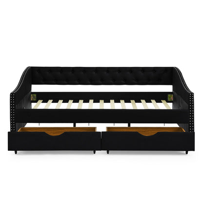 Upholstered Tufted Daybed With 2 Drawers, Waved Arms