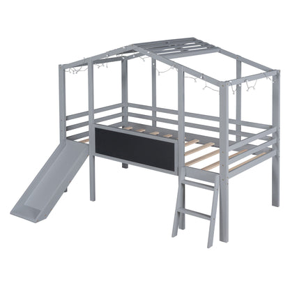 Loft House Bed With Ladder And Slide, With board And Light Strip On The Roof
