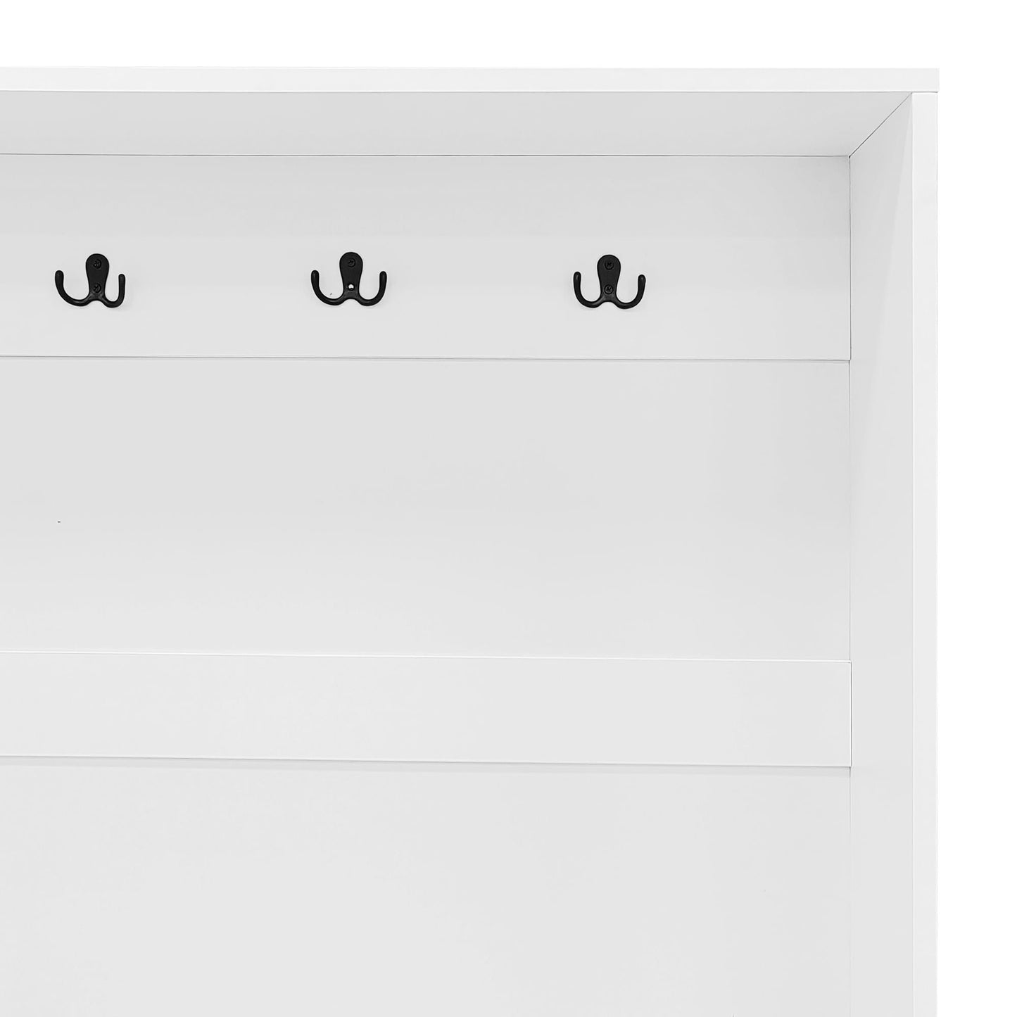 Entryway Bench With Integrated Shoe Cabinet, 3 In 1 Design And Mirrored Cabinet Door, Hall Tree With 4 Sturdy Hooks And Foldable Seat For Entrance, Living Room - White