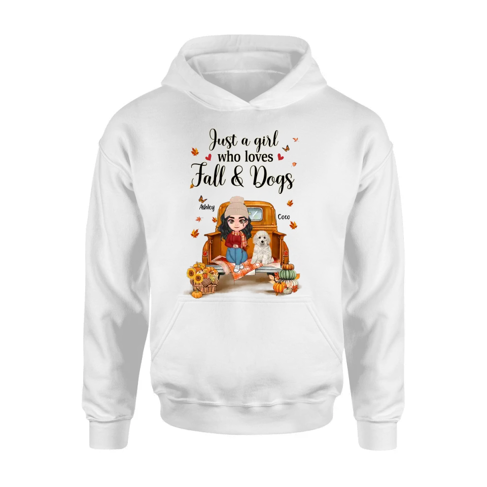 Personalized Autumn Dog Mom Shirt/Hoodie - Gift Idea For Dog Lovers - Up to 5 Dogs - Just A Girl Who Loves Fall And Dogs