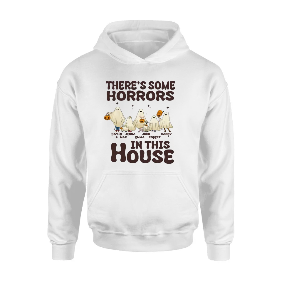 Personalized Halloween Ghost Family Shirt/Hoodie - Halloween Gift For Couple/Family - Up to 5 People With 4 Pets - There's Some Horrors In This House