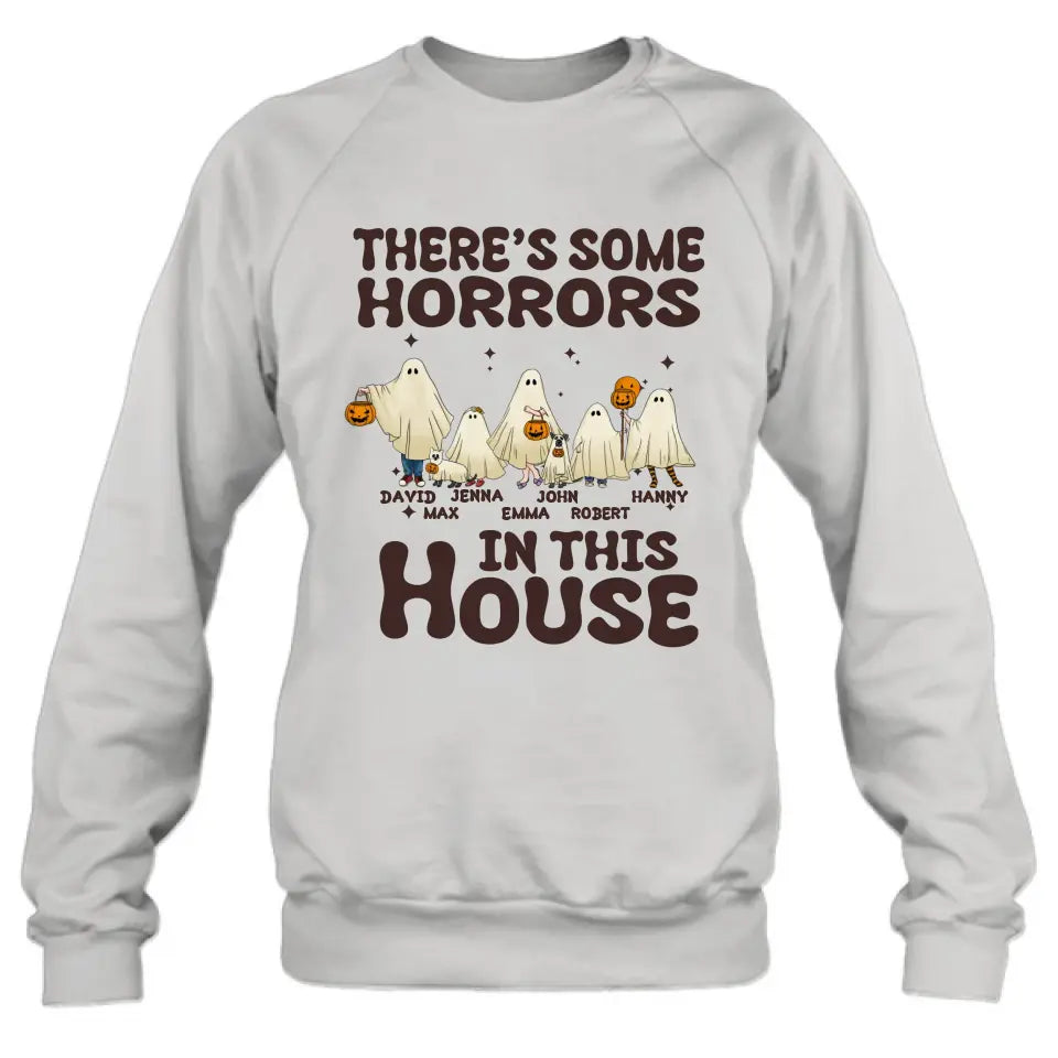 Personalized Halloween Ghost Family Shirt/Hoodie - Halloween Gift For Couple/Family - Up to 5 People With 4 Pets - There's Some Horrors In This House