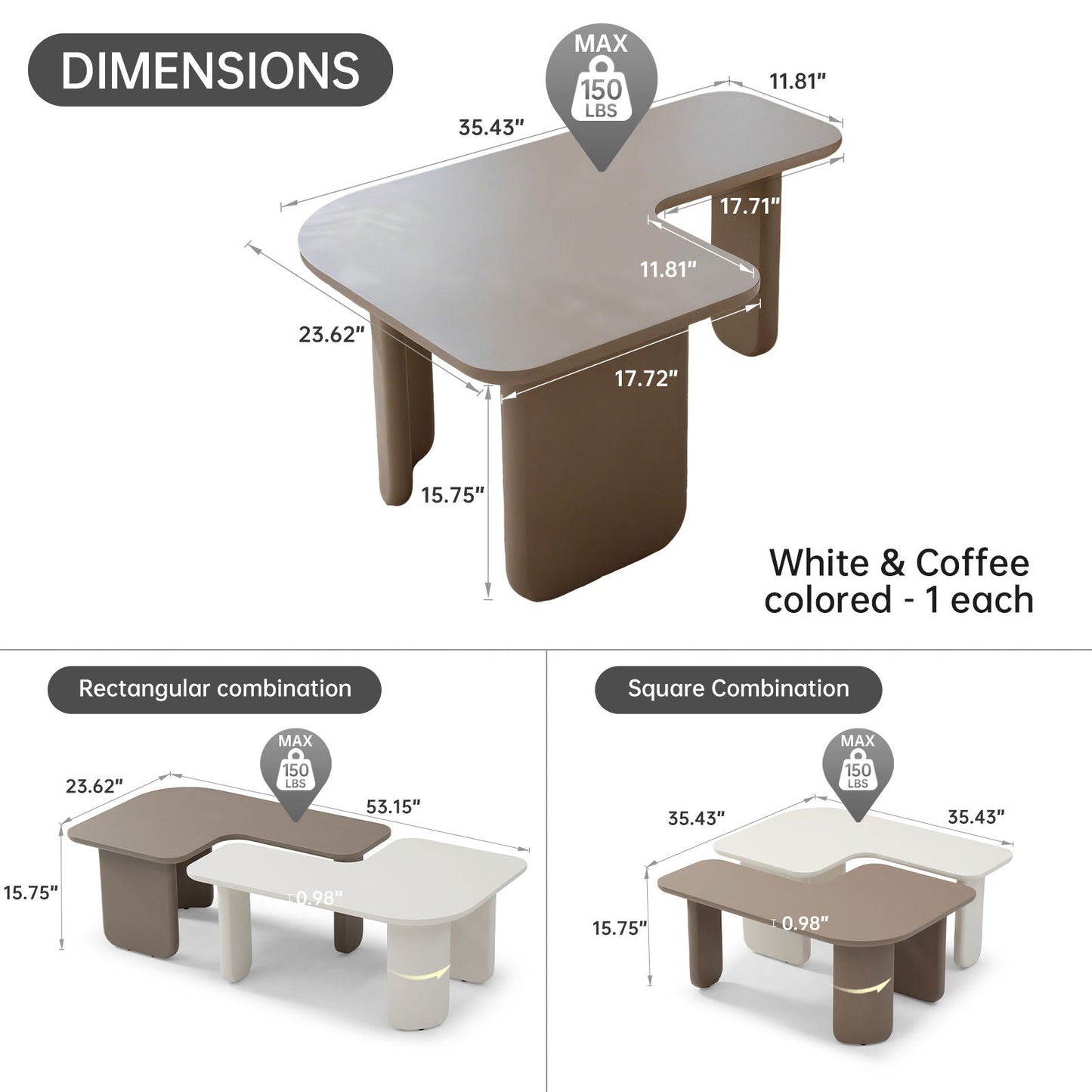 2 Pieces Modular Coffee Table Set, Free Combination - Khaki / White