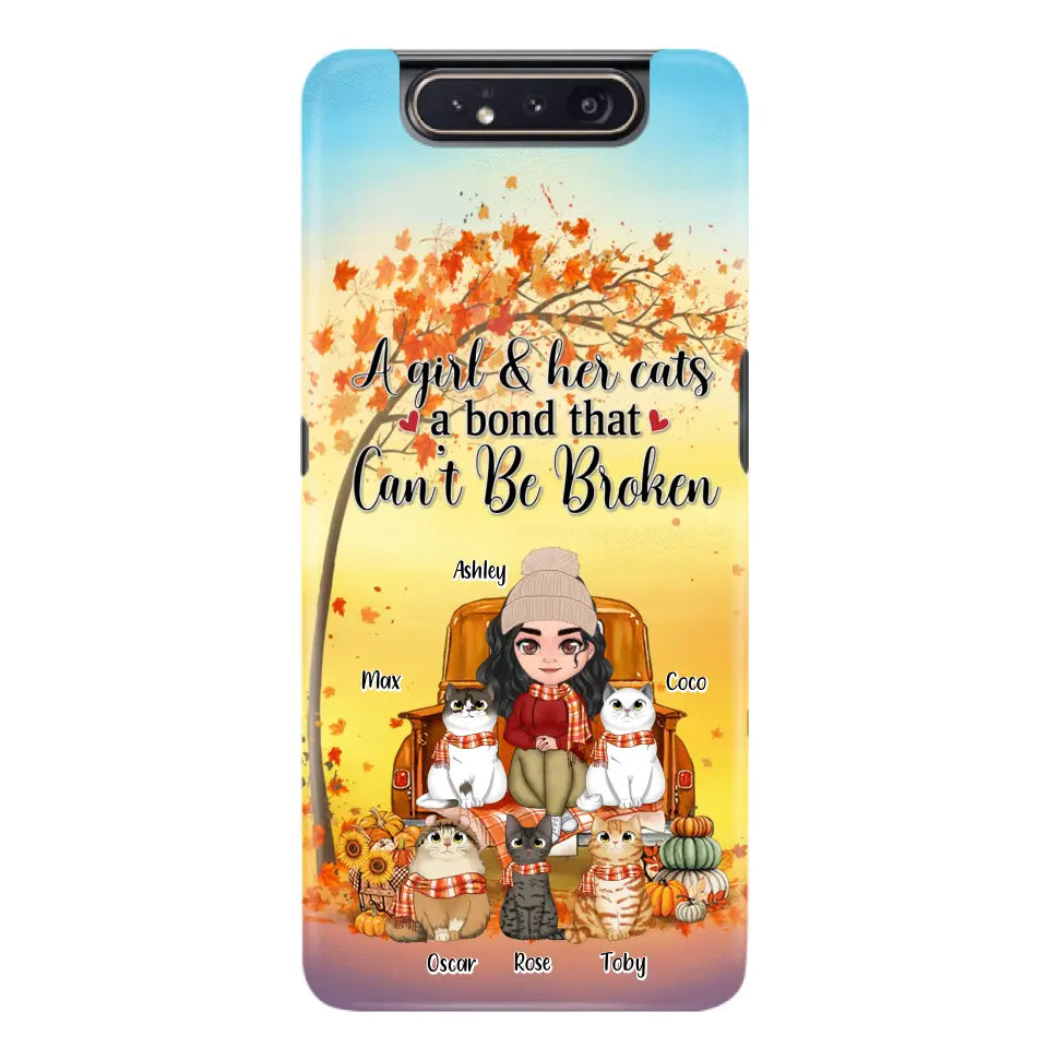 Custom Personalized Cat Mom Fall Season Phone Case - Gift Idea For Cat Owners - Upto 5 Cats -  Case For iPhone/Samsung - A Girl & Her Cats A Bond That Can't Be Broken