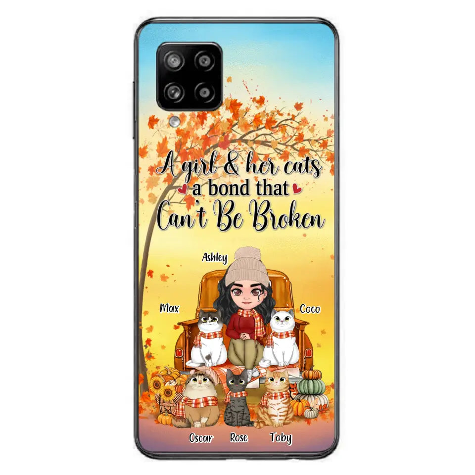 Custom Personalized Cat Mom Fall Season Phone Case - Gift Idea For Cat Owners - Upto 5 Cats -  Case For iPhone/Samsung - A Girl & Her Cats A Bond That Can't Be Broken