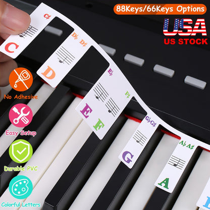 88-Key Piano Keyboard Stickers Removable Piano Key Labels PVC Piano Notes Guide without Glue for Beginners Kids