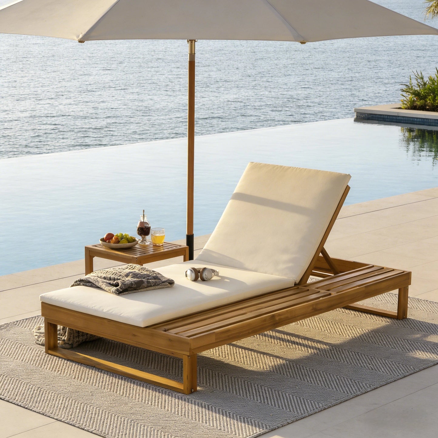 Teak Finish Acacia Wood Chaise Lounge with 1.57-Inch Cushion