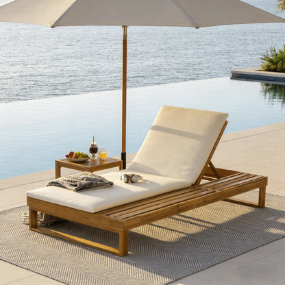 Teak Finish Acacia Wood Chaise Lounge with 1.57-Inch Cushion
