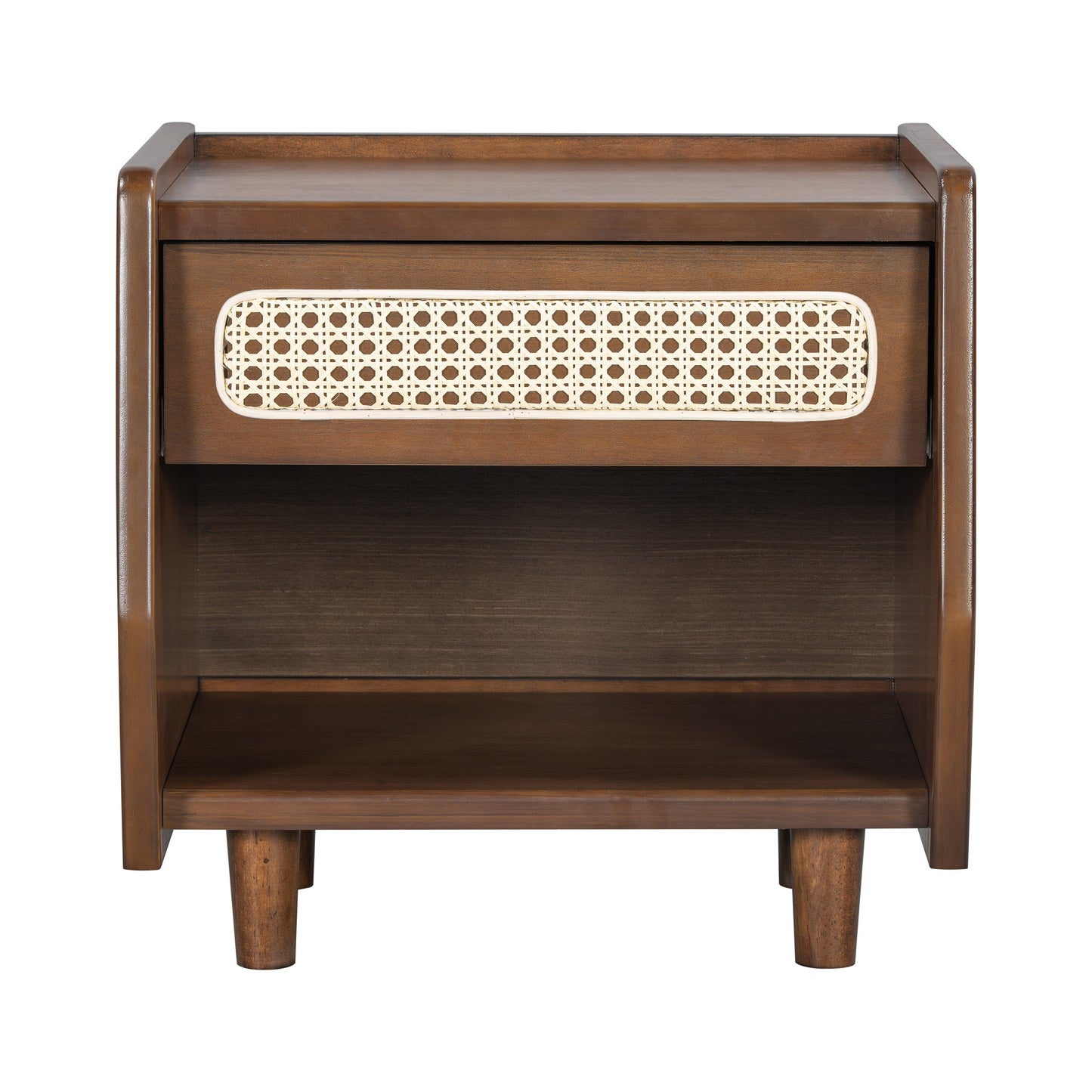 Walnut Nightstand with Rattan Detail, MDF + Solid Wood