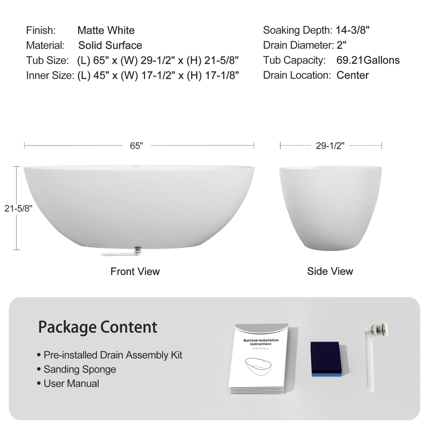 Nuvia Virella 65-Inch Luxury Freestanding Soaking Bathtub With Overflow And Pop-Up Drain (SAK69451)