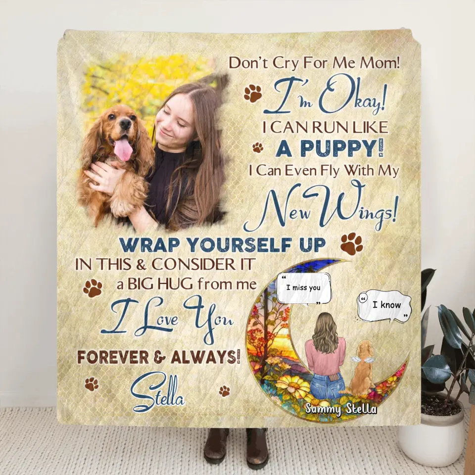 Personalized Memorial Fleece Throw Blanket & Quilt - Gift Idea For Dog Owner - Upload Dog Photo - Don't Cry For Me Mom! I'm Okay!