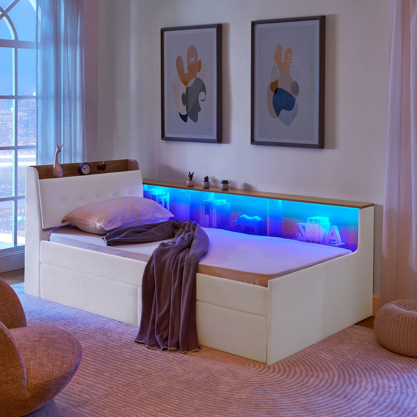 Upholstered Daybed With Storage Headboard, Wireless Charging, LED Lights