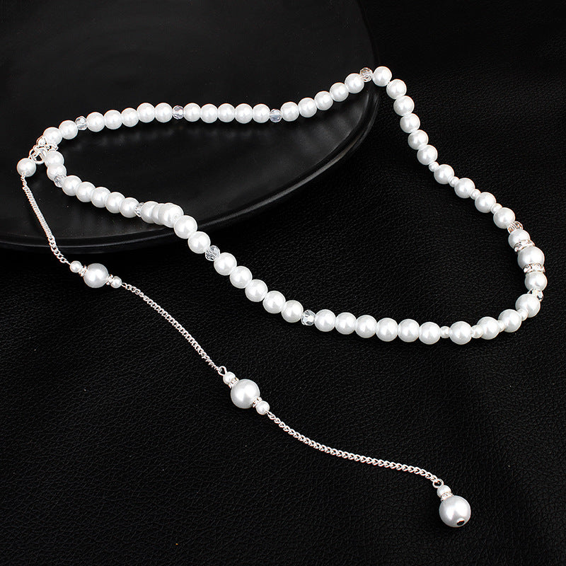 long pearl pendant fringe necklace back body chain