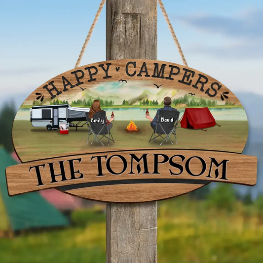 Personalized Couple Camping Wooden Sign - Gift Idea For Camping Lovers - Couple/ Up to 3 Kids & 3 Pets