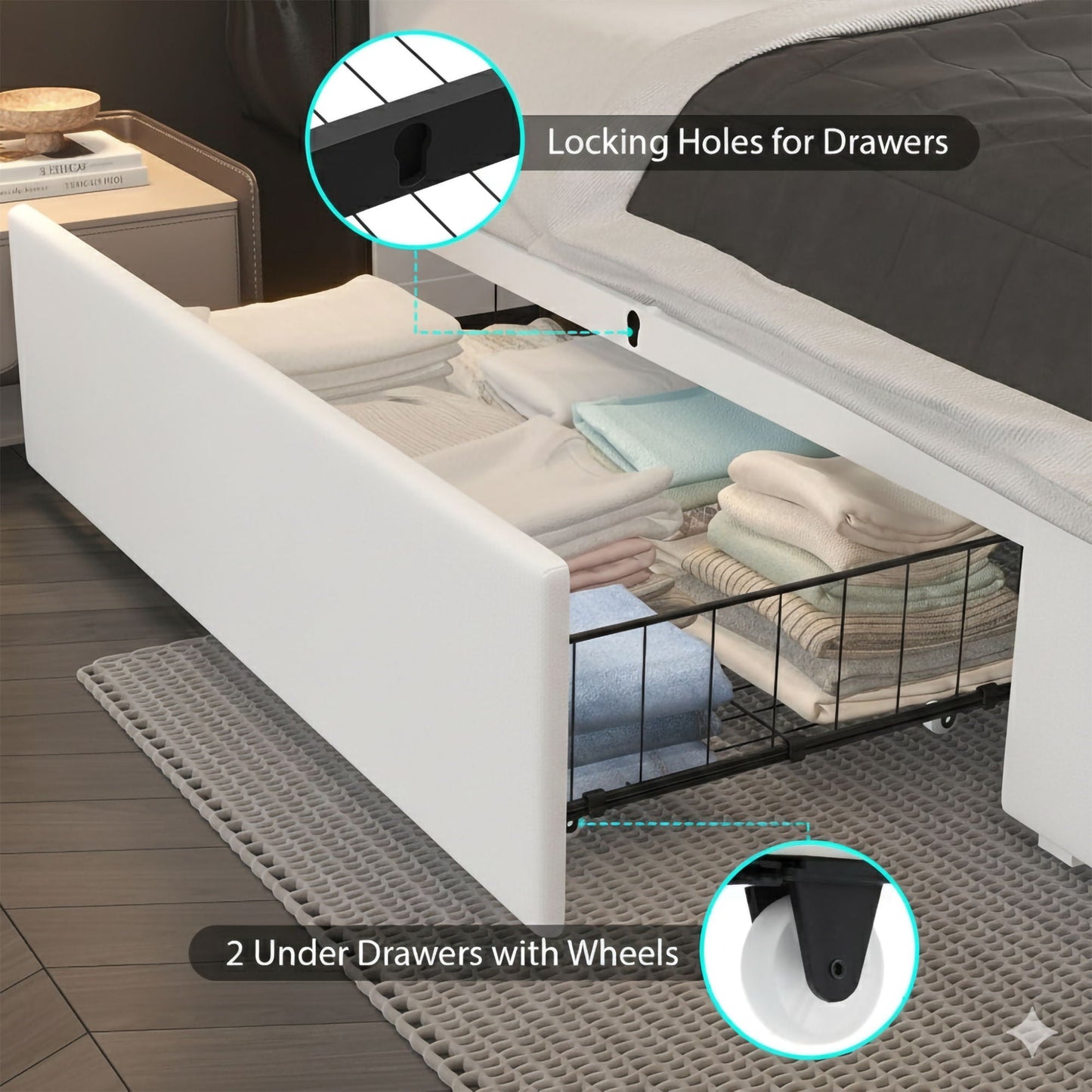 Wingback Upholstered Bed Frame With LED Lights, Charging Station