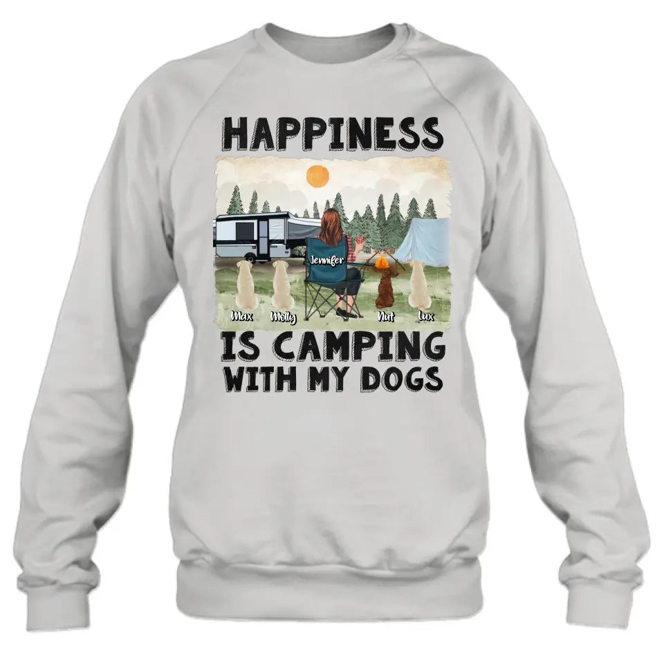 Personalized Camping Shirt/Hoodie - Gift Idea For Girl & Dogs - Up to 4 Dogs - Happiness Is Camping With My Dogs