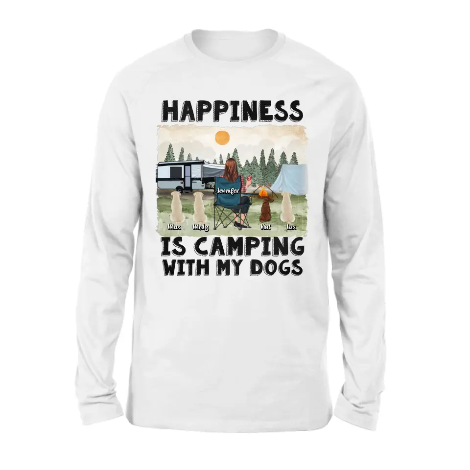 Personalized Camping Shirt/Hoodie - Gift Idea For Girl & Dogs - Up to 4 Dogs - Happiness Is Camping With My Dogs