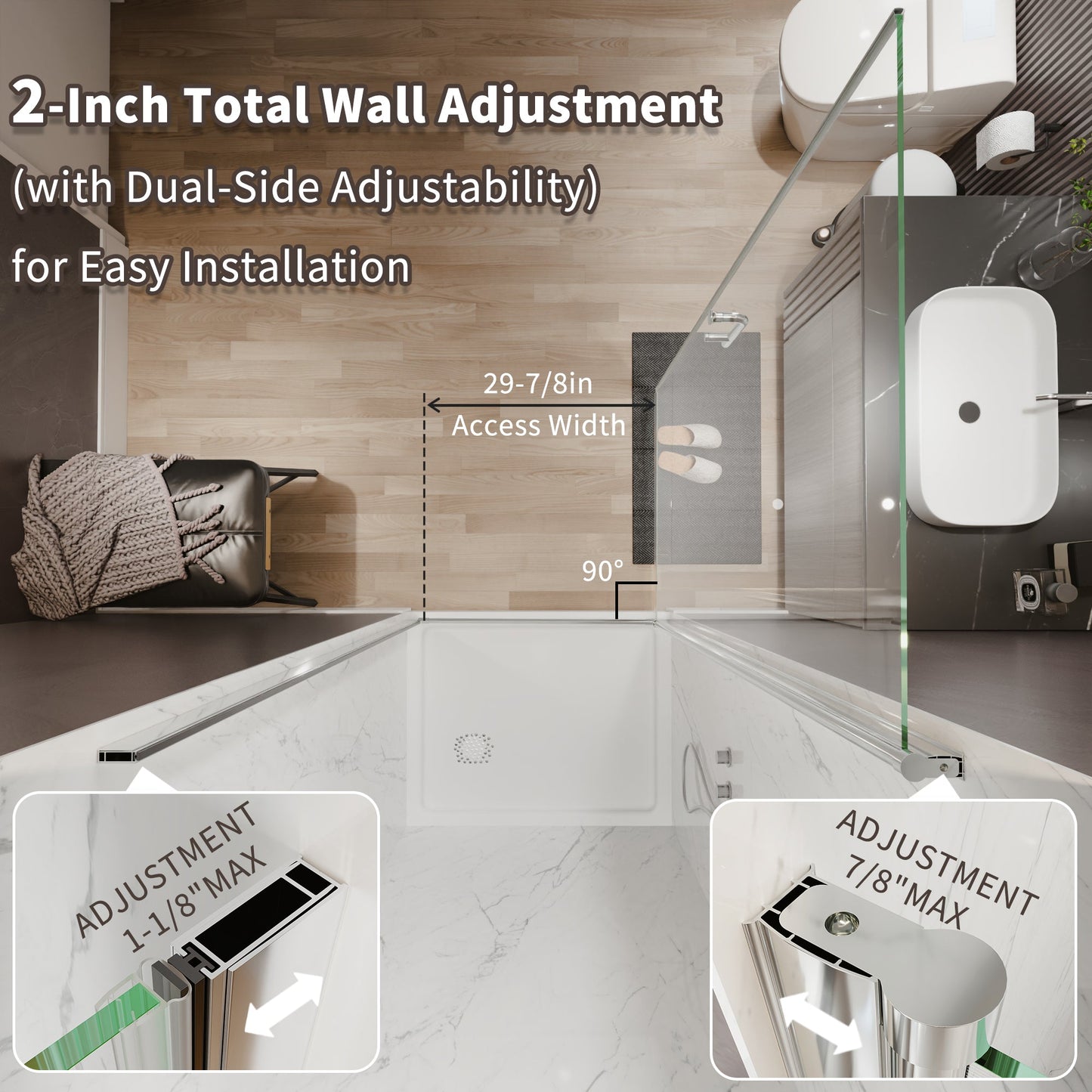 34 In. to 36 In. x 72 In. Semi-Frameless Pivot Shower Door