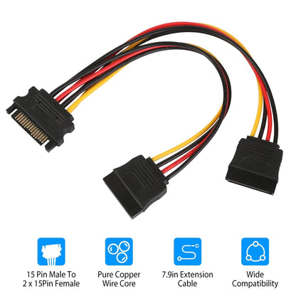 15 Pin Y Splitter Cable Adapter Male To Female Converter Cord for Hard Drive