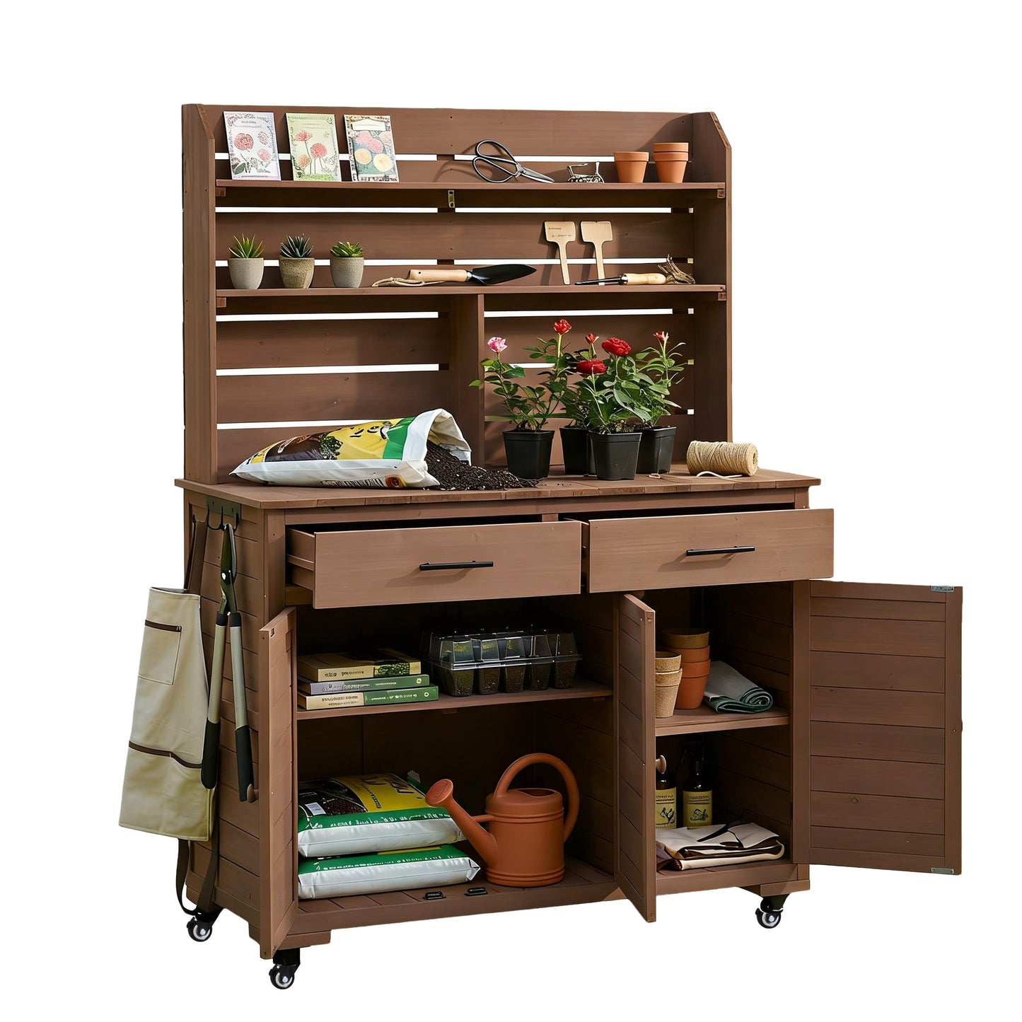 TOPMAX 65"H Large Garden Potting Bench with Storage and Lockable Wheels